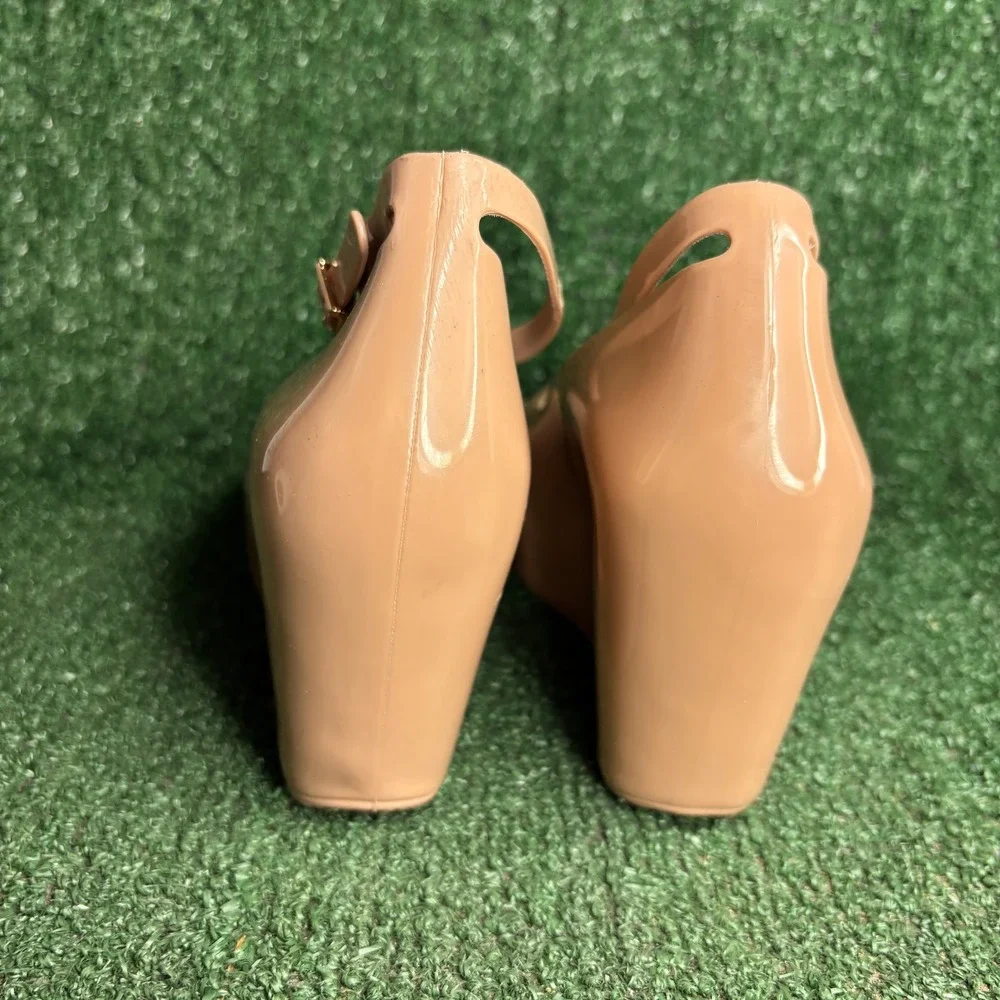 NEW Melissa Jelly Peep Toe Ankle Strap Wedge Sandals Nude Pink Shoes Womens Sz 9
